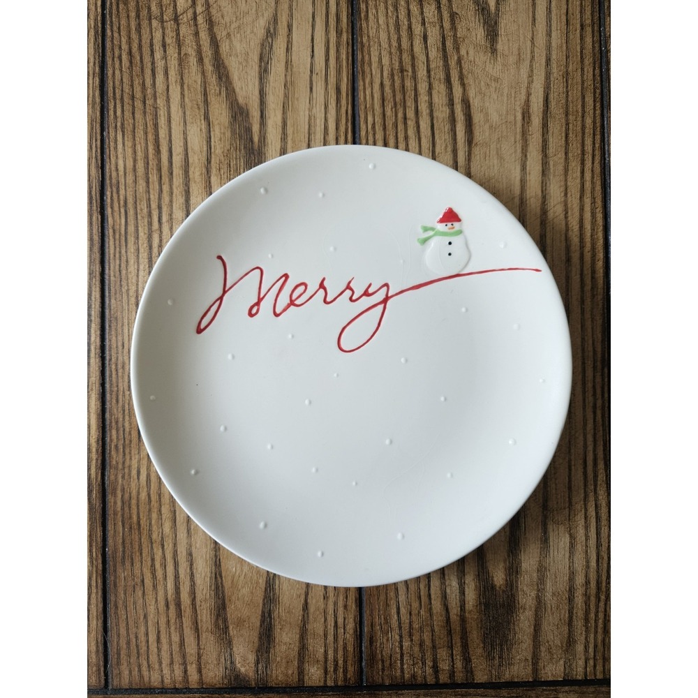 Christmas Plate White Ceramic Snowman Merry Script Holiday Salad Accent Hallmark